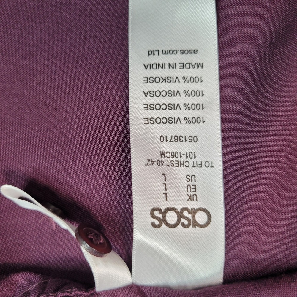 ASOS Mens Grandad Collar Long Sleeve Button Down Shirt Burgundy Maroon Large - Picture 8 of 9